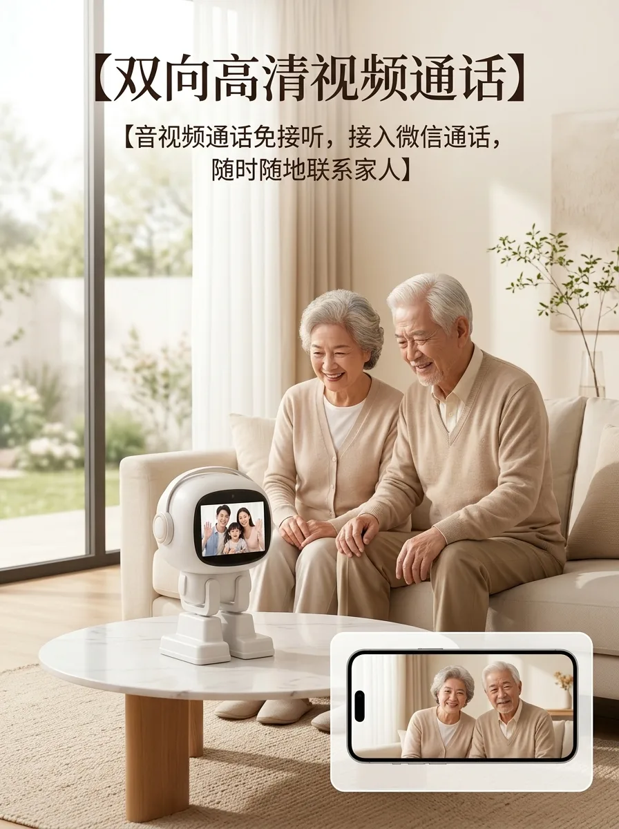 Elderly couple on video call with family via companion robot